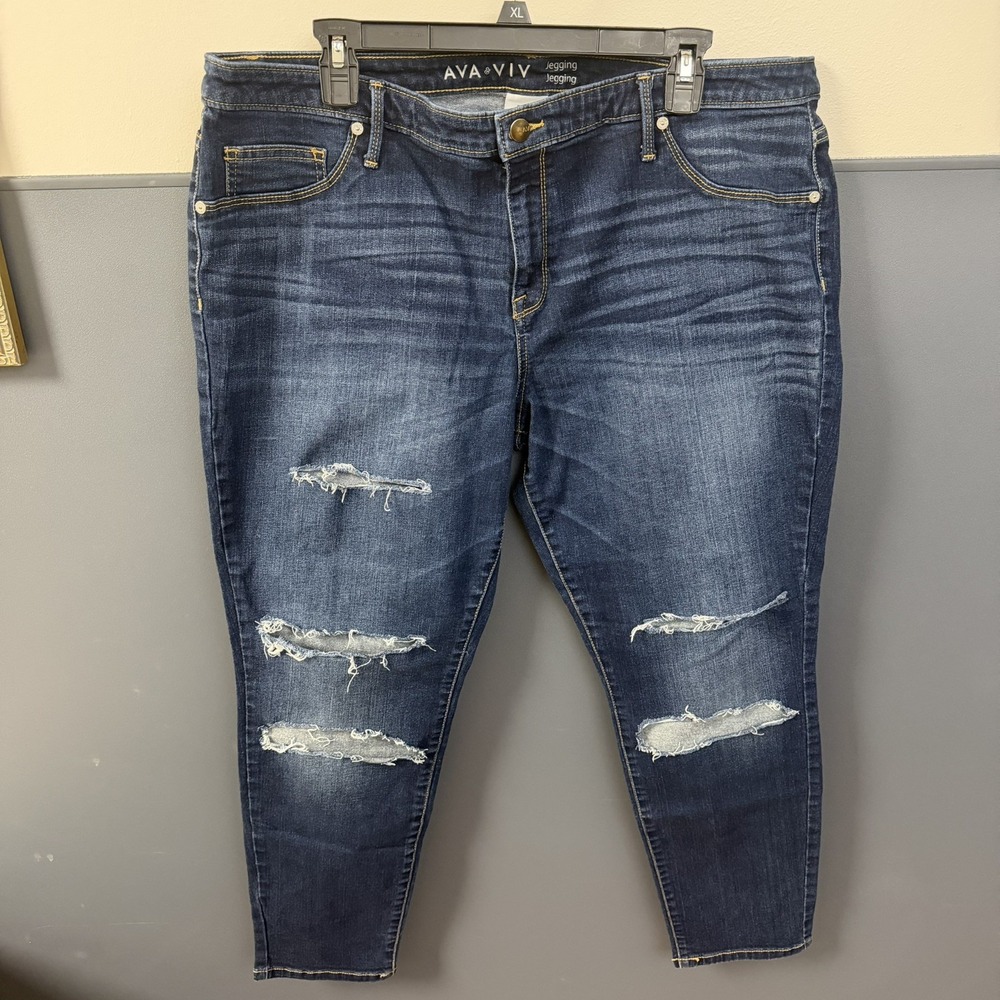Ava & Viv Womens Plus Size 20W Jegging Dark Wash Distress Stretch Cropped Jeans
